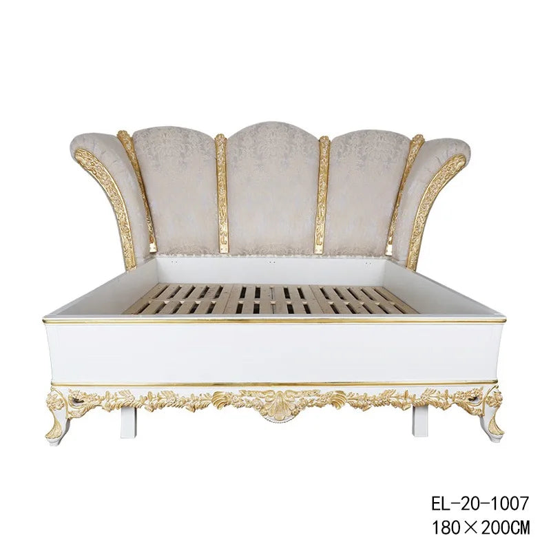 European-style Solid Wood Beech Carved Gold Leaf Luxury Master Bedroom Furniture Quality Double Bed White Flashing Silver Italia