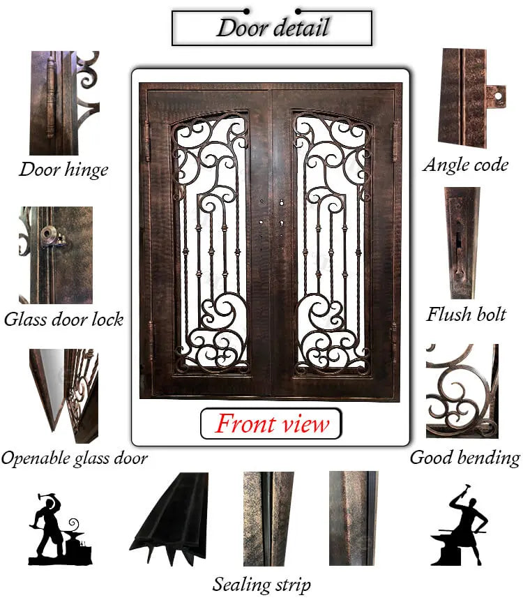 Wrought iron double door main iron glass door designer outside wrought iron door