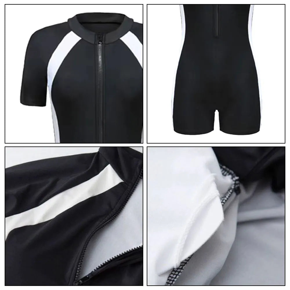 Women's One-Piece Swimsuit Long Short Sleeves Swimwear Female Zipper Rash Guard Summer Surfing Diving Clothes Bathing Suit