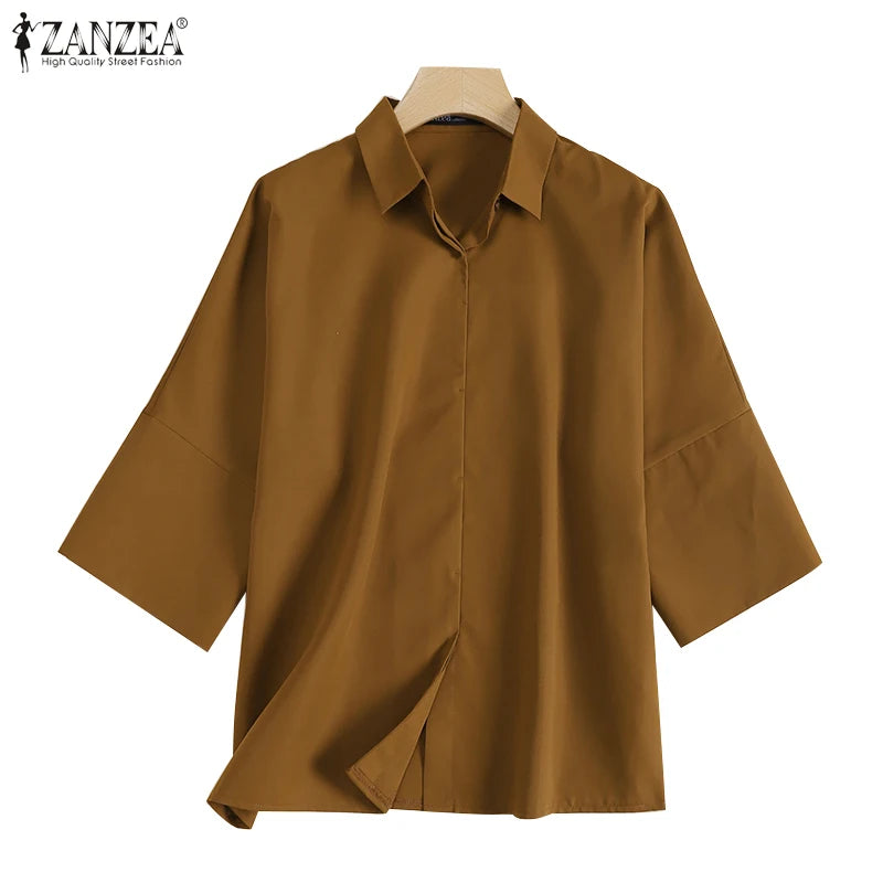 ZANZEA Women Lapel Neck Blouse Fashion OL Work Tops Casual 3/4 Sleeve Holiday Tops Oversize Chemise Female Loose Buttons Blusas