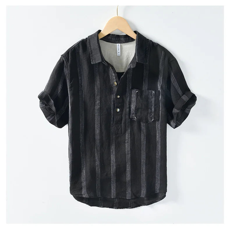 100% Linen Men's Short Sleeve Shirt Japanese Chest Pocket Striped Stand Collar Shirts Casual Summer Comfortable Tops Shirt Man