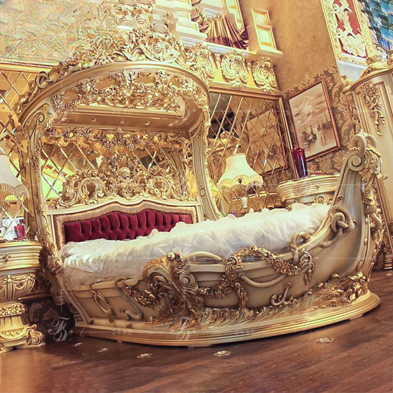 Luxury Pirate Ship Solid Wood Bed Court European Gold Foil Double Bed