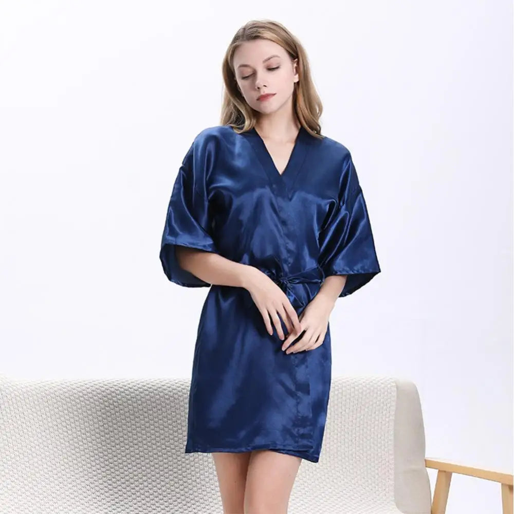 Women Summer Solid Color Ice Silk Nightdress Midi Dress Bath Robe Waist Belt Sleepwear Nightgown Lady Homewear