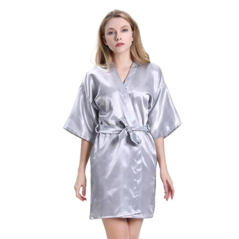 Women Summer Solid Color Ice Silk Nightdress Midi Dress Bath Robe Waist Belt Sleepwear Nightgown Lady Homewear