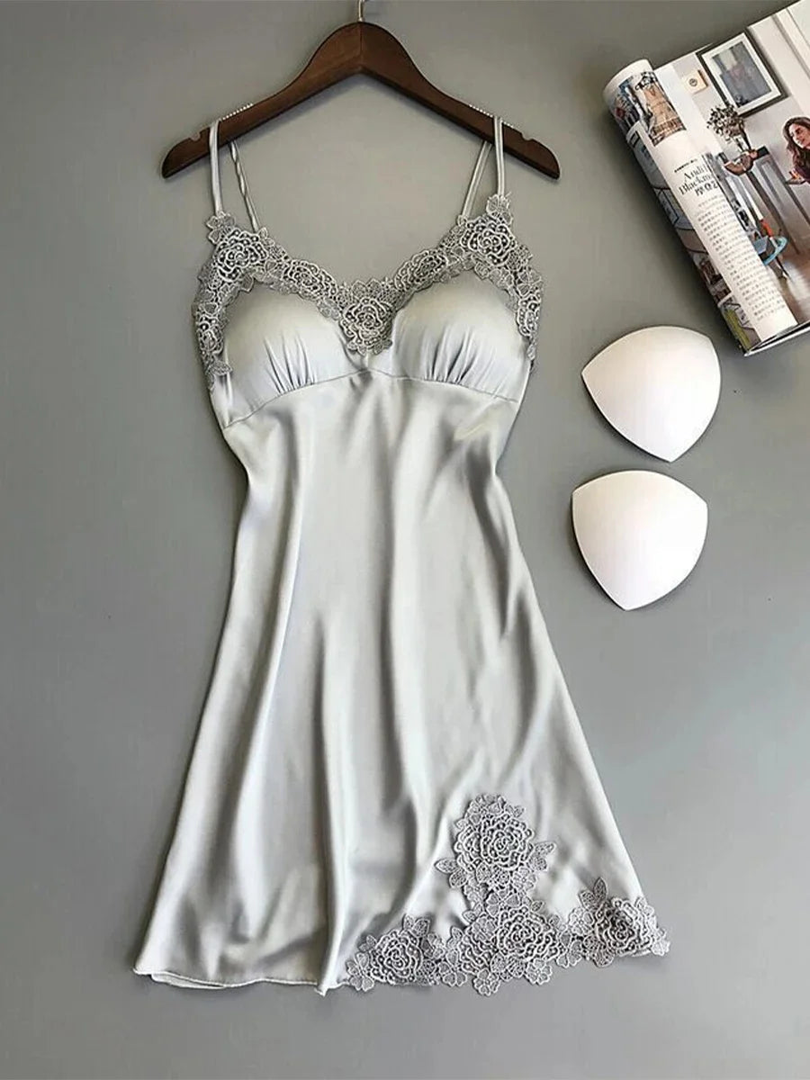 1 Piece Pajamas Halter Nightgown Thin Section with Bra Pads Lace Edge Silk Loungewear Multicolor Ice Silk Furniture Nightgowns