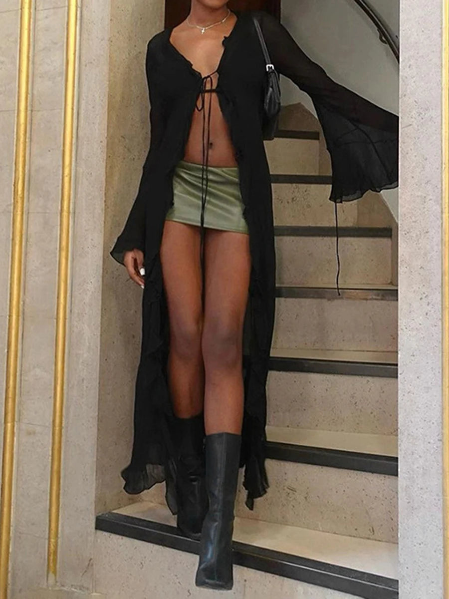Women s Summer Tie Up Mesh Long Cardigan Long Sleeve Open Front Cardigan Swimwear Cover Ups Long Beach Kimono Streetwear