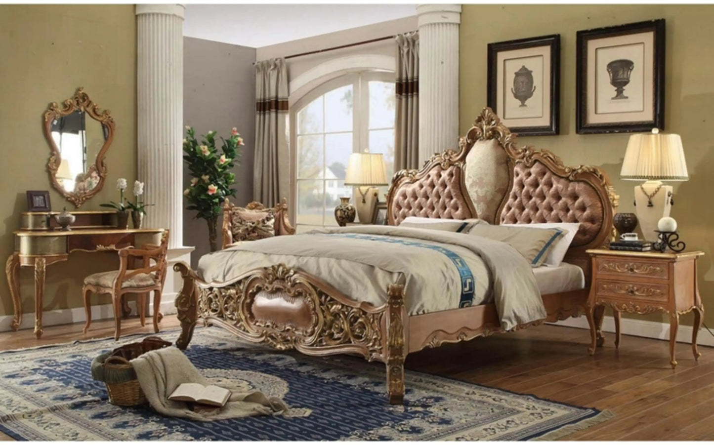 European-style Carved Mahogany Baroque Heavy Industry Beige Gold Elegant and Gorgeous Retro Imported Cloth Solid Wood Double Bed