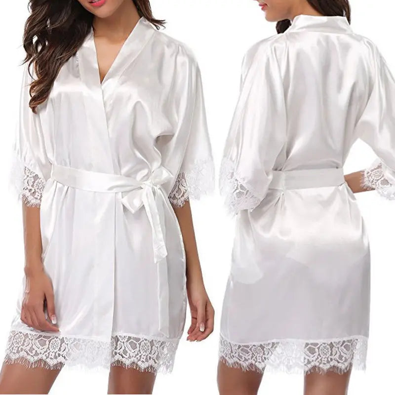 Womens Large Size Ice Silk Sexy Lace Bathrobe Pajamas Female Soft and Comfortable Solid Color Sleepwear V-Neck Bathrobe Pajamas