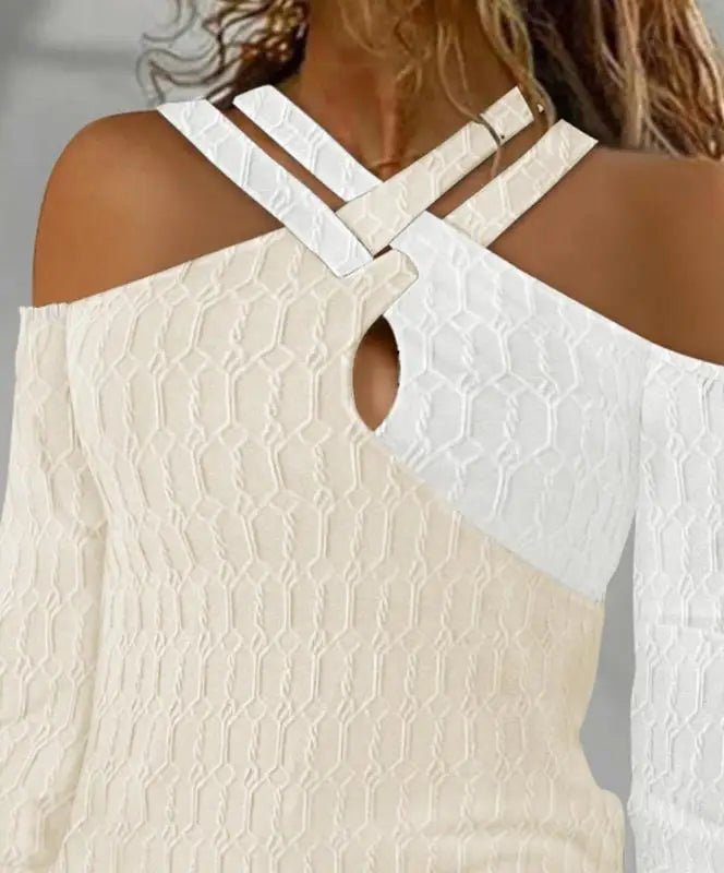 Women's Tops 2023 Autumn Casual Colorblock Criss Cross Cold Shoulder Cable Textured Top Long Sleeve Tee Fashion Pullover
