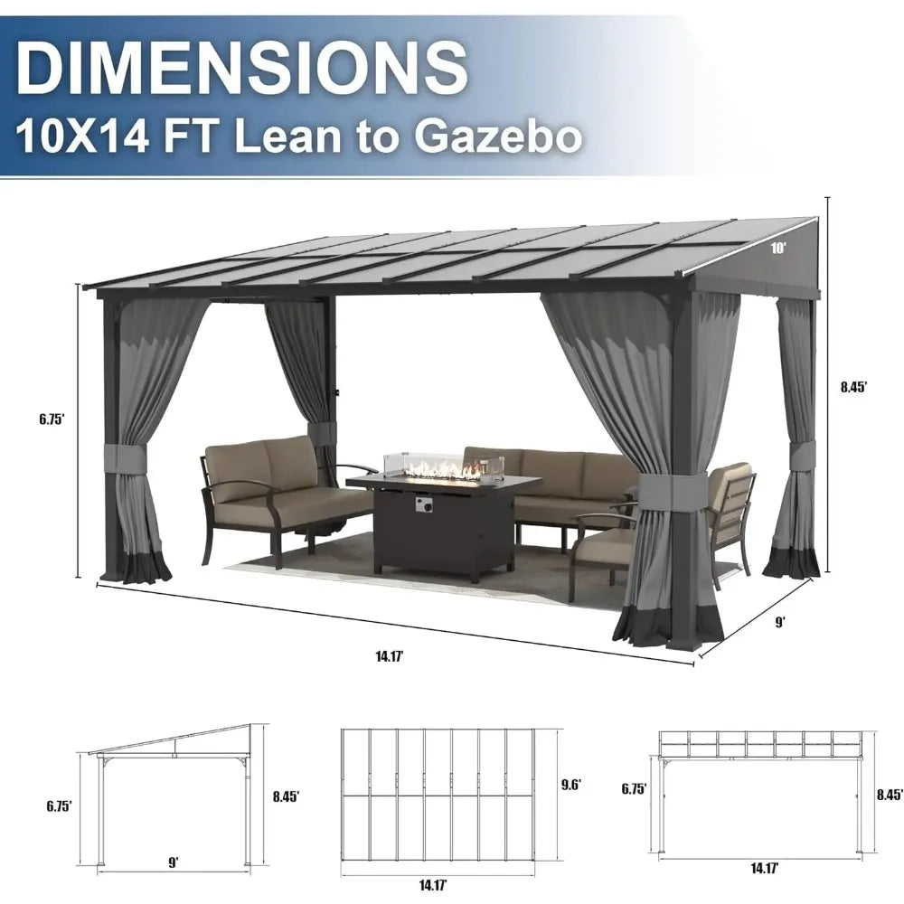 10 x 14 FT Outdoor Gazebo, Hardtop Wall Mounted Gazebos with Sloping Sun Panel Roof, Double Curtains, Gazebo