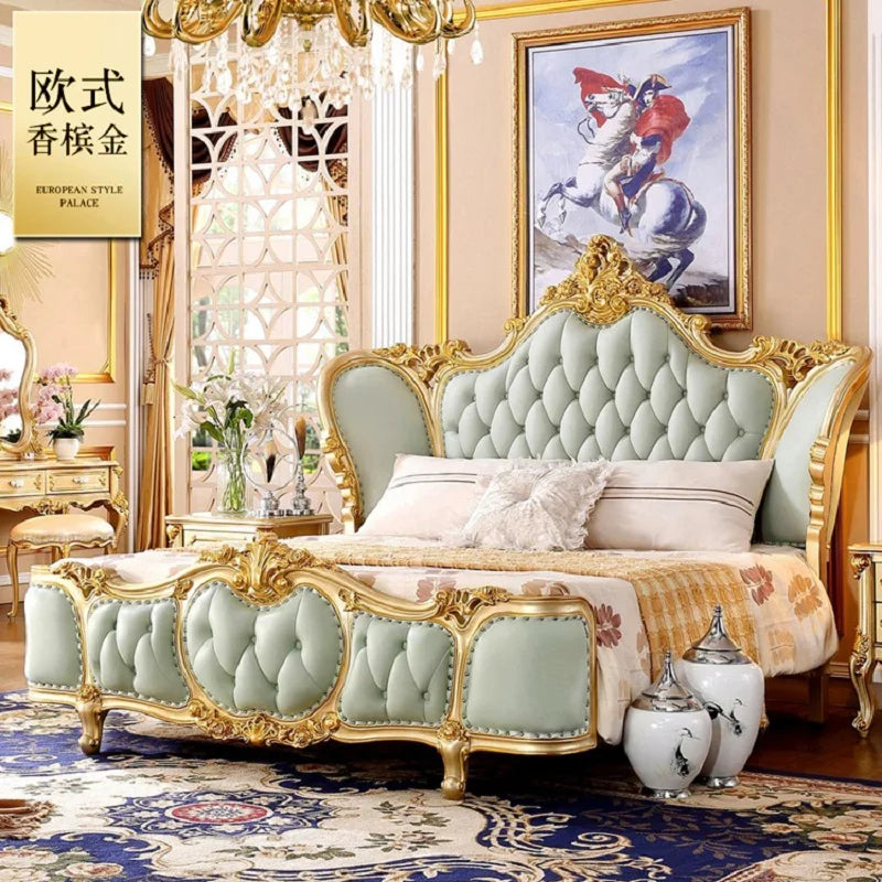 Simple European leather bed Queen bed Solid wood American bed Master Bedroom Oak claaical Champagne gold luxury double bed