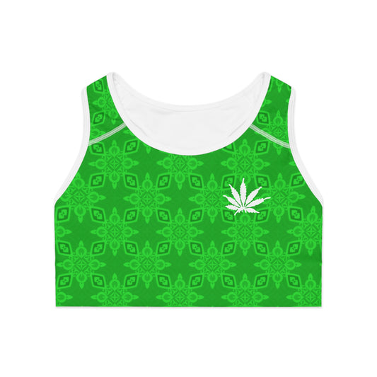 GREEN SMOKE Infinite Universe Sports Bra — Floral Cannabis Pattern Athletic Crop Top
