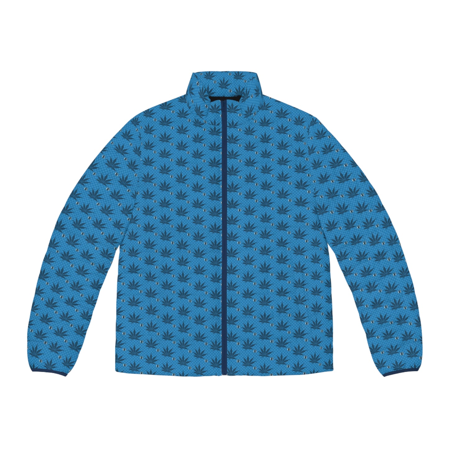 UKNOWN BLUE Cool Leaf Print Men's Puffer Jacket, Casual Outerwear, Trendy Fashion, Winter Style, Gift for Him