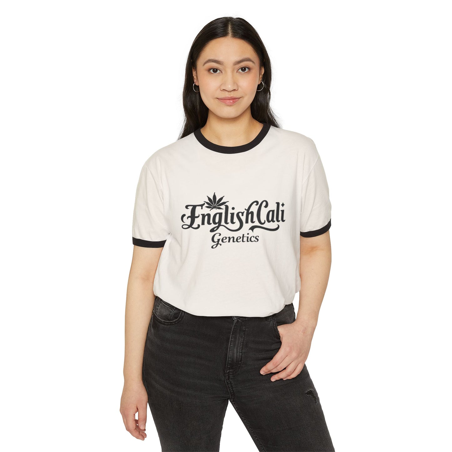 EnglishCaliGenetics - Ringer T-Shirt - Logo with Cannabis Leaf Back