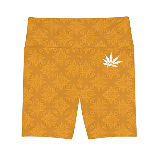 AMBER Infinite Universe Workout Shorts — Golden Floral Leaf Activewear