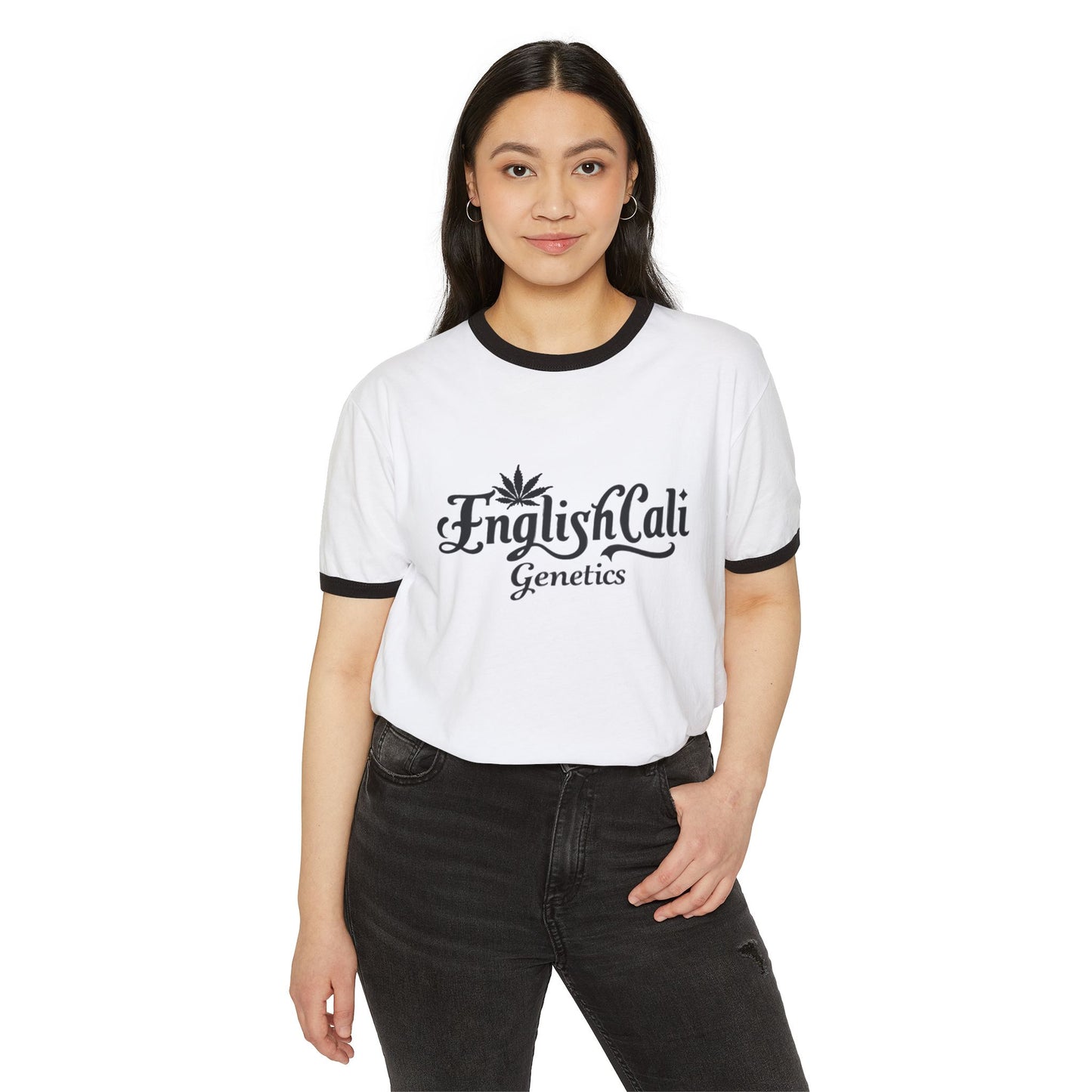 EnglishCaliGenetics - Ringer T-Shirt - Logo with Cannabis Leaf Back