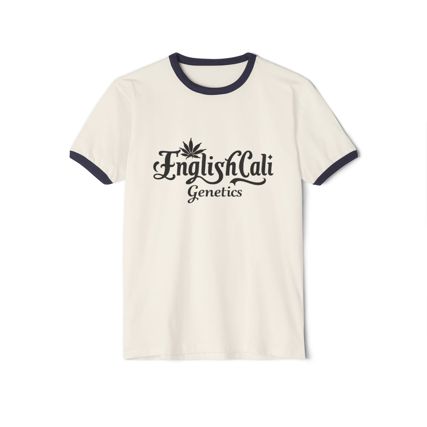 EnglishCaliGenetics - Ringer T-Shirt - Logo with Cannabis Leaf Back
