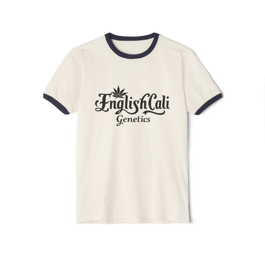EnglishCaliGenetics - Ringer T-Shirt - Logo with Cannabis Leaf Back
