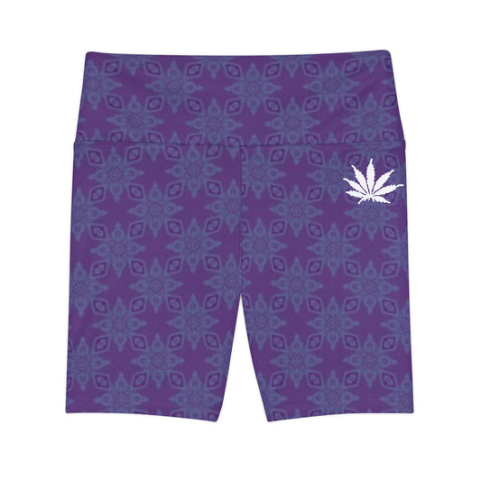 PURPLE SPARK Infinite Universe Women's Workout Shorts — Purple All-Over Leaf Pattern with White Cannabis Emblem
