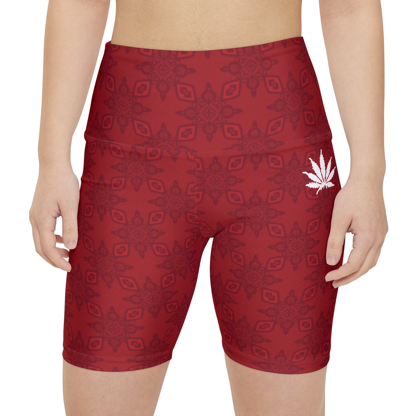 ROMANCE Infinite Universe Maroon Leaf Pattern Workout Shorts — Women's High-Waist Activewear