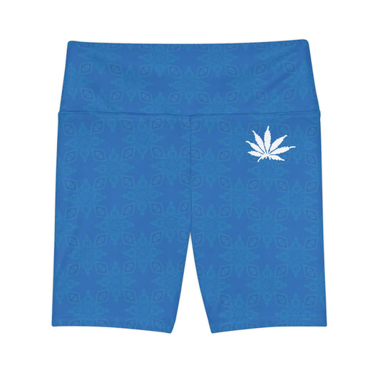 Sapphire BLUE-ICE Infinite Universe Women's Workout Shorts — Active Biker Shorts with White Leaf Accent