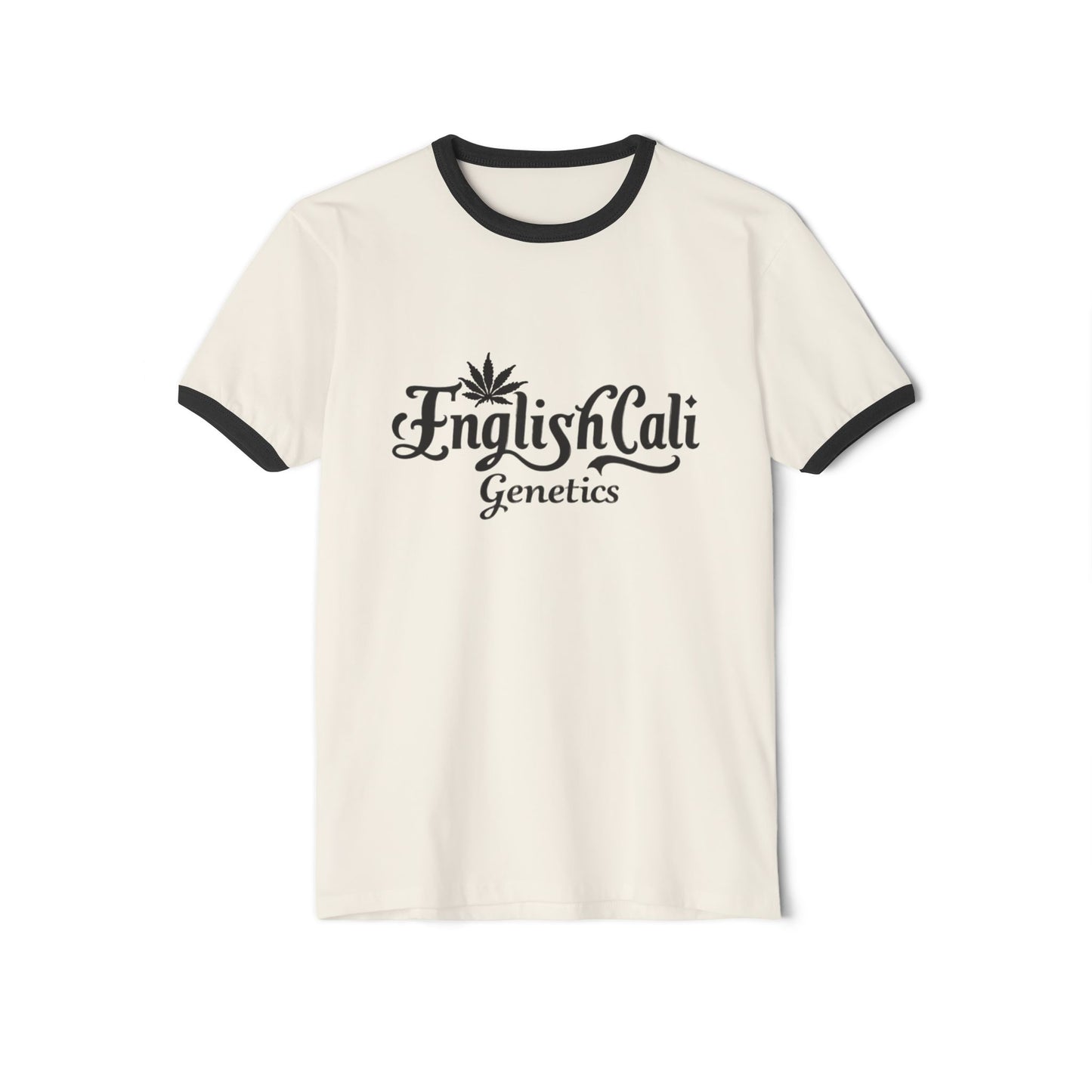 EnglishCaliGenetics - Ringer T-Shirt - Logo with Cannabis Leaf Back