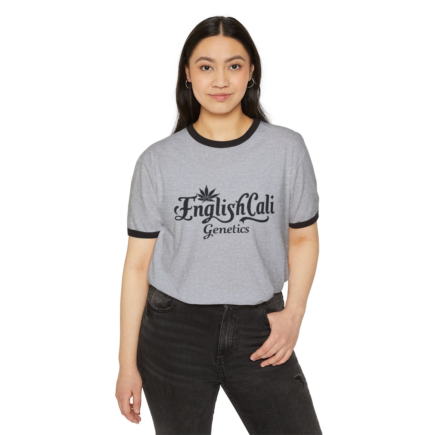EnglishCaliGenetics - Ringer T-Shirt - Logo with Cannabis Leaf Back