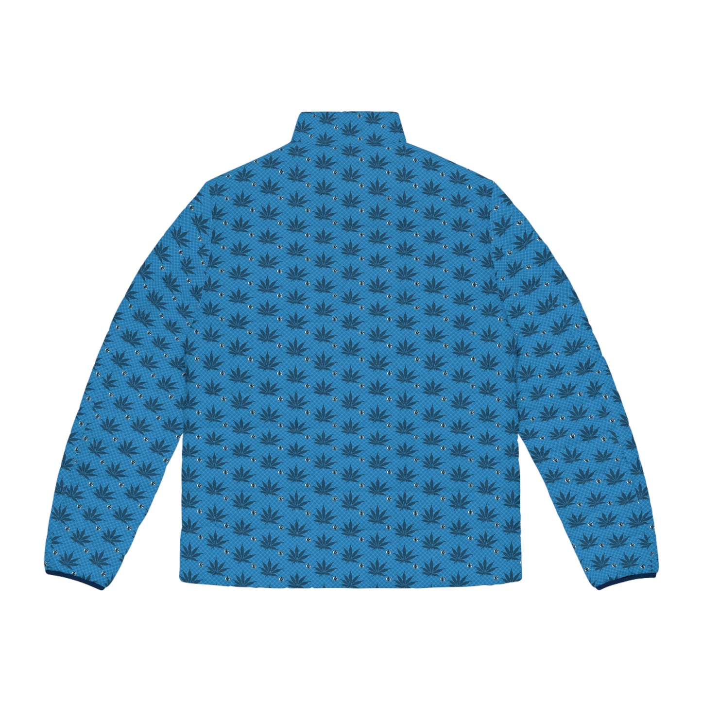 UKNOWN BLUE Cool Leaf Print Men's Puffer Jacket, Casual Outerwear, Trendy Fashion, Winter Style, Gift for Him