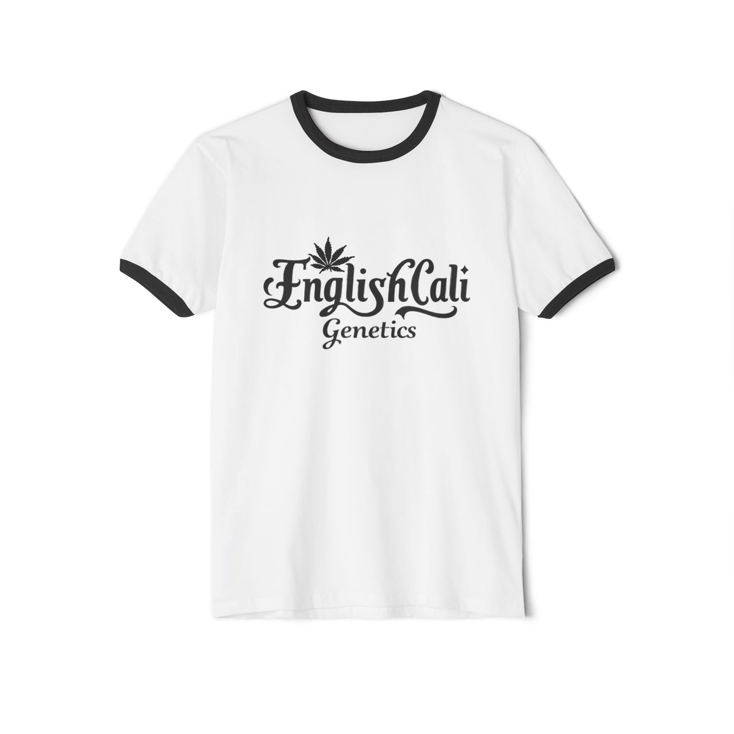 EnglishCaliGenetics - Ringer T-Shirt - Logo with Cannabis Leaf Back