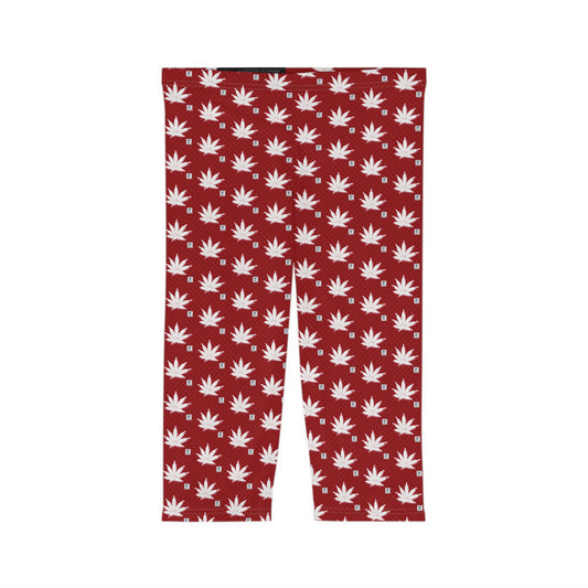 BLOOD ICED FROST Infinite Universe Red Marijuana Leaf Capri Leggings – Women’s 3/4 Yoga Pants, Cannabis Pattern Activewear