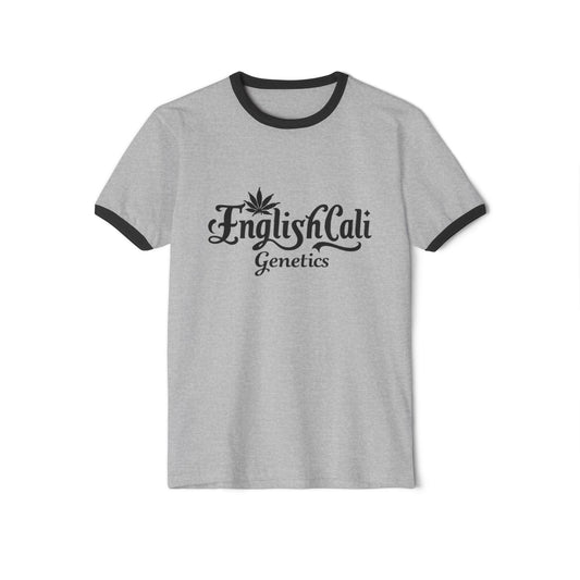 EnglishCaliGenetics - Ringer T-Shirt - Logo with Cannabis Leaf Back