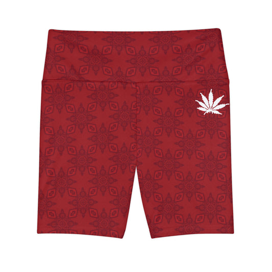 ROMANCE Infinite Universe Maroon Leaf Pattern Workout Shorts — Women's High-Waist Activewear