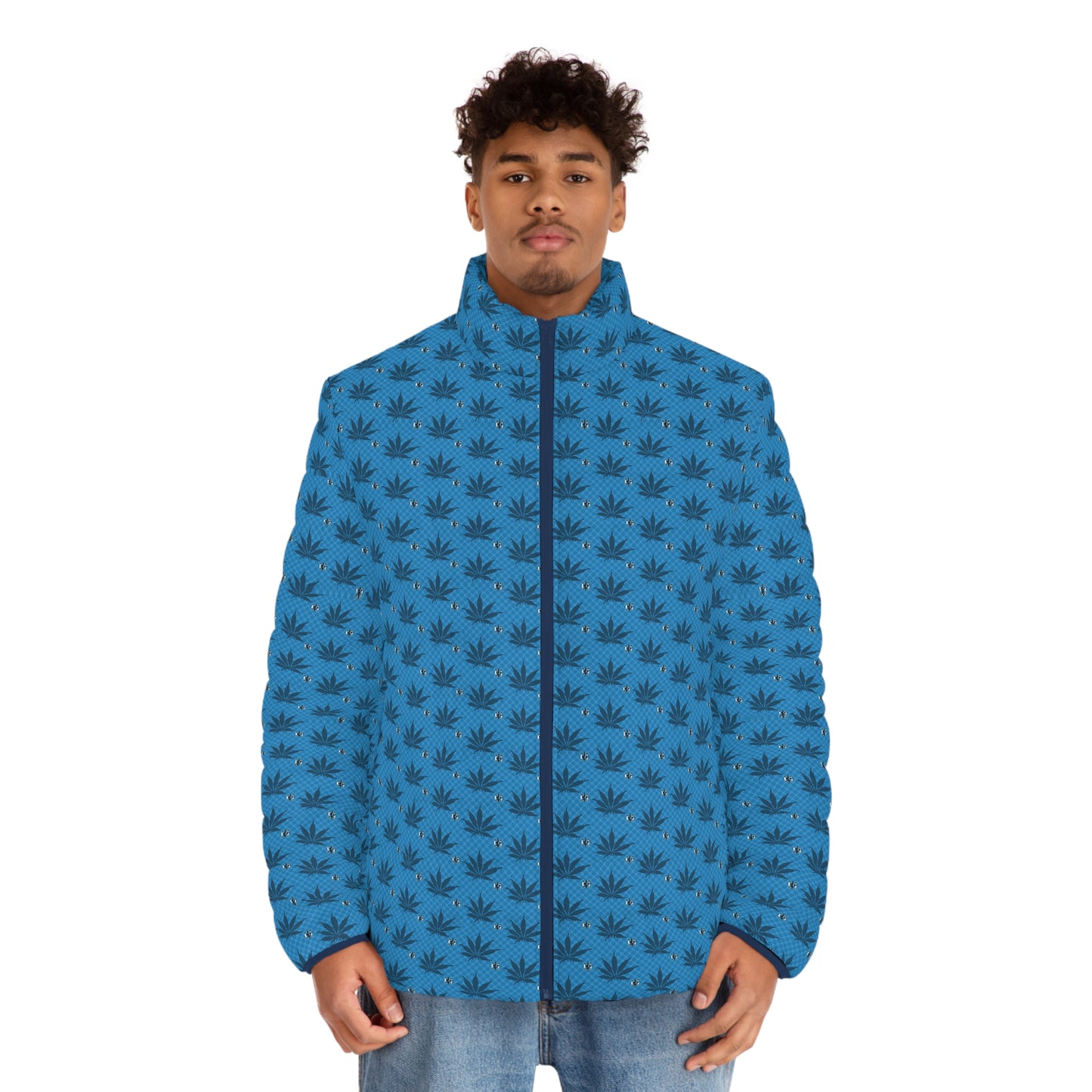 UKNOWN BLUE Cool Leaf Print Men's Puffer Jacket, Casual Outerwear, Trendy Fashion, Winter Style, Gift for Him