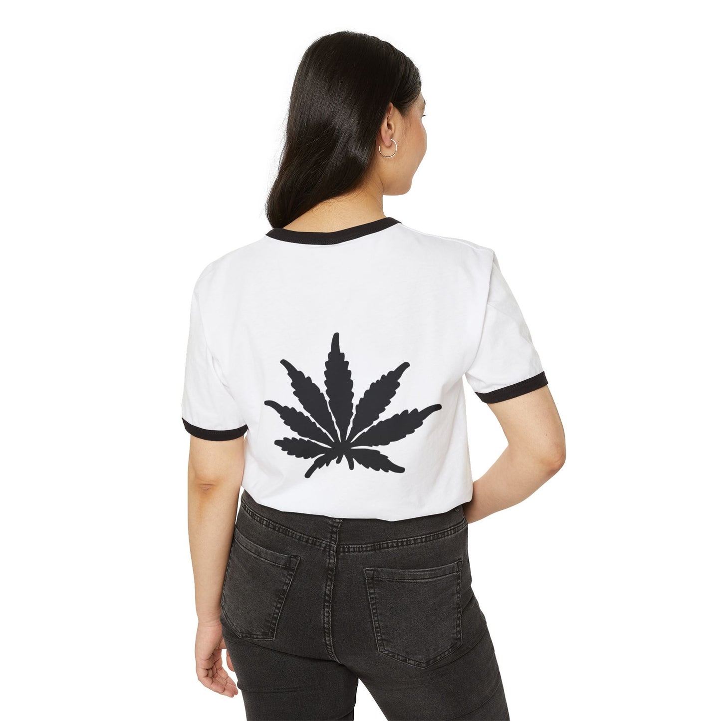 EnglishCaliGenetics - Ringer T-Shirt - Logo with Cannabis Leaf Back