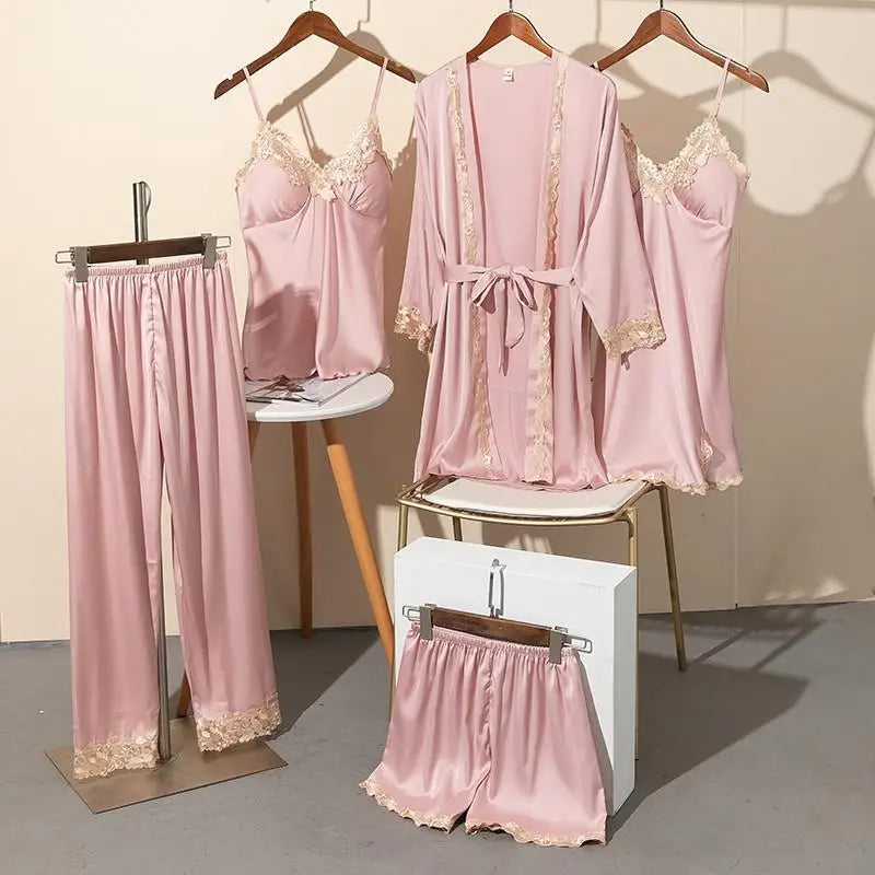 Sexy Rayon Silk 5PCS Pajamas Set Female Sleepwear Print Flower Bathrobe Nightgown Lady Loose Casual Pijamas Suit Home Clothes