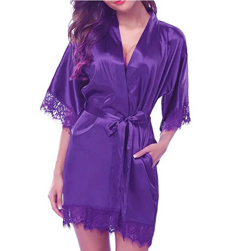 Women Night Gown Satin Robe Bathrobe Satin Nightgown Halt Sleeve Pajamas Lingerie Night Mini Dress Lace Sexy Sleepwear hot sale