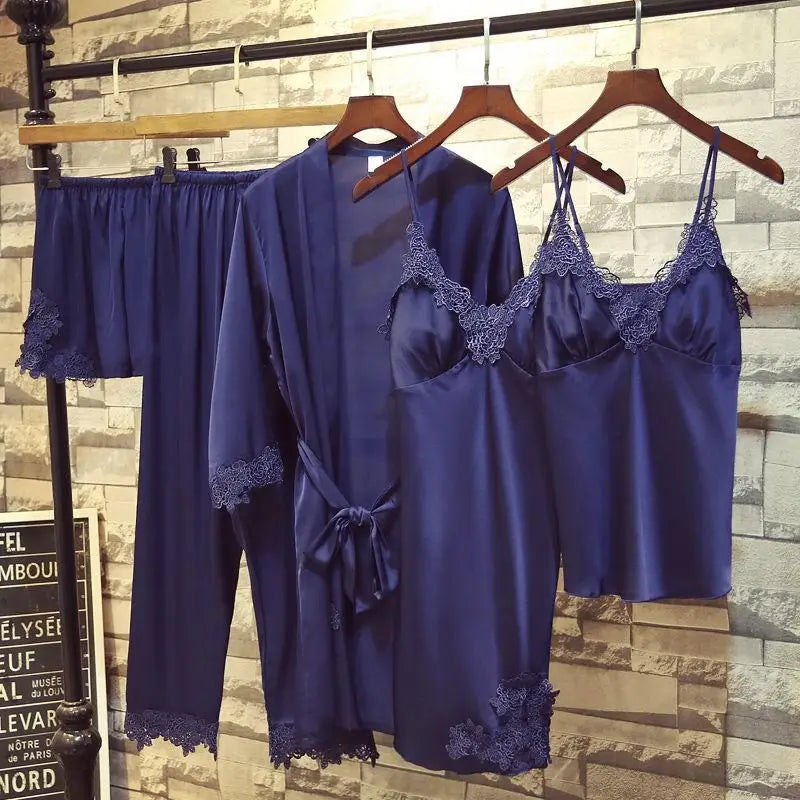 SexyWhite Lace 5PCS Sleepwear Pajamas Set Women Silk Pijamas Pyjamas Nightwear Bride Bridesmaid Wedding Robe Intimate Lingerie