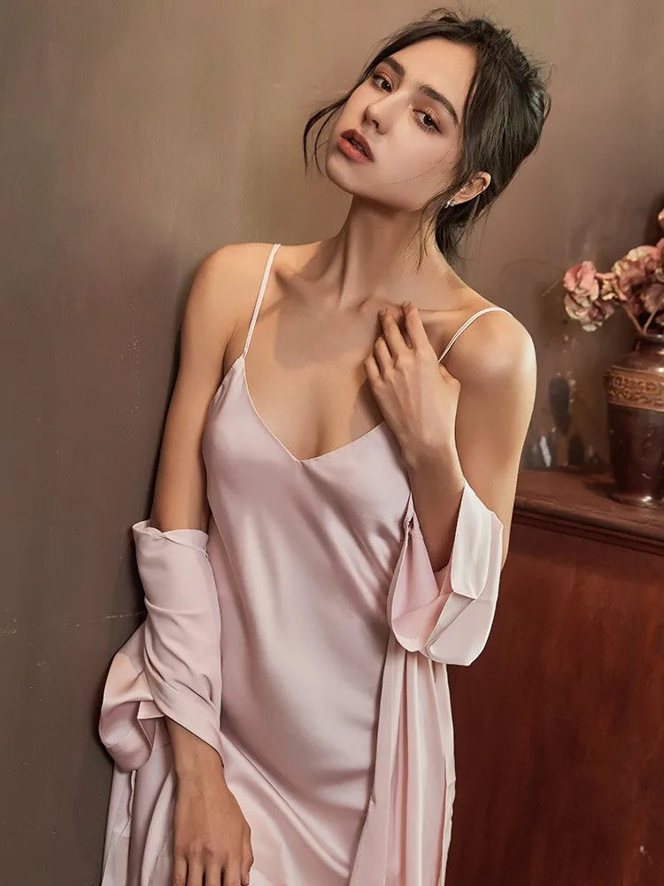 Satin Robe Set Sexy Women Sleepwear Casual Intimate Lingerie Faux Silk Nightdress Kimono Bathrobe Gown V-Neck Nightwear