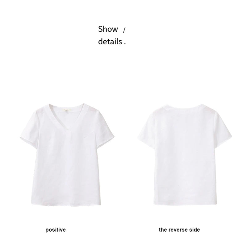 100% Linen V-Neck Short-Sleeved T-Shirt 2021 Summer New Womens Loose Casual Literary Tee Japanese Linen Tops