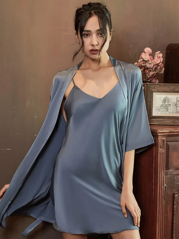 Satin Robe Set Sexy Women Sleepwear Casual Intimate Lingerie Faux Silk Nightdress Kimono Bathrobe Gown V-Neck Nightwear