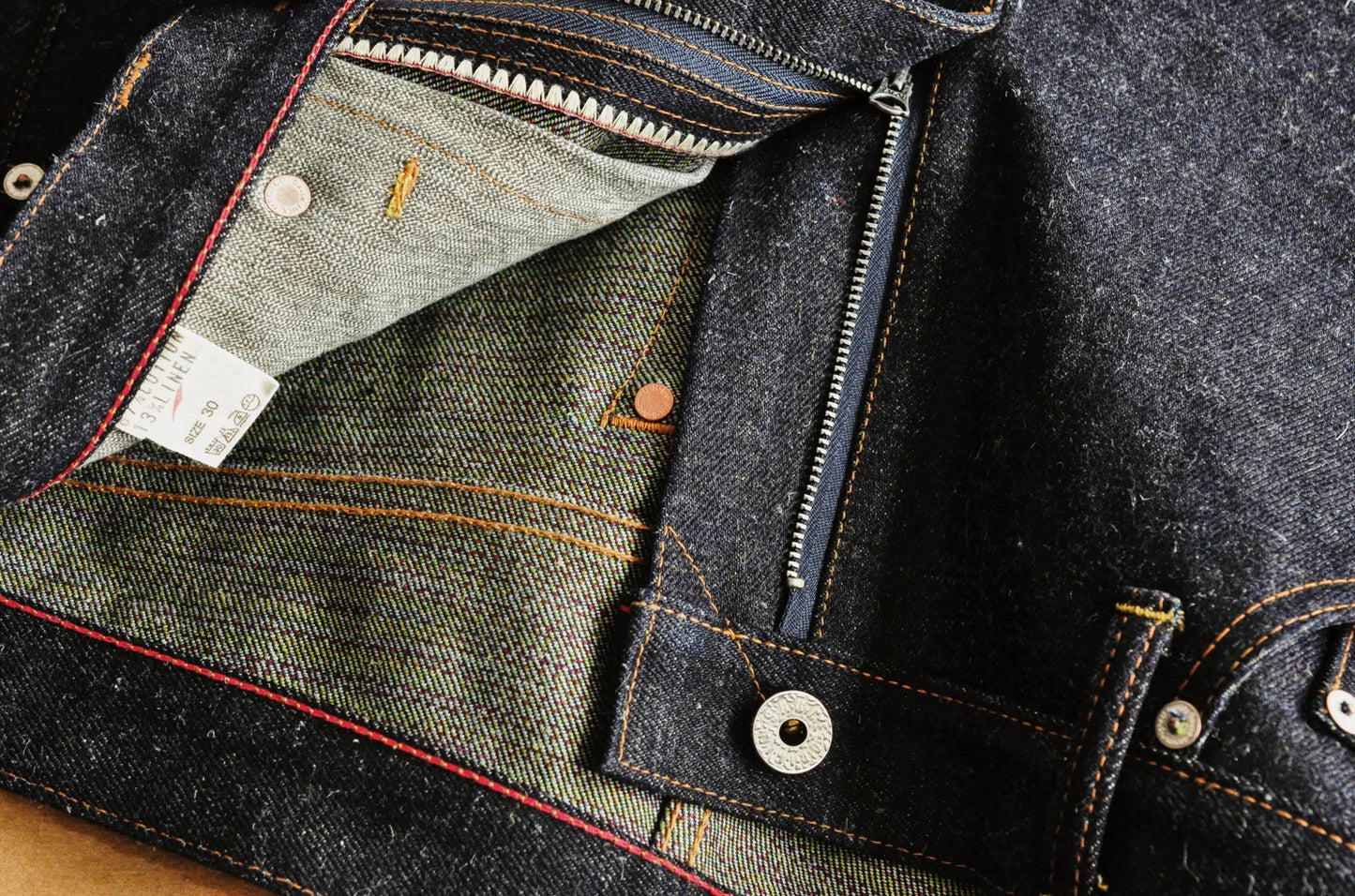 SAUCE ORIGIN EXL916-AG Mens Jeans cotton linen Selvedge Sanforized Raw Denim Jeans for Men Straight Fit Silver Button 19 oz