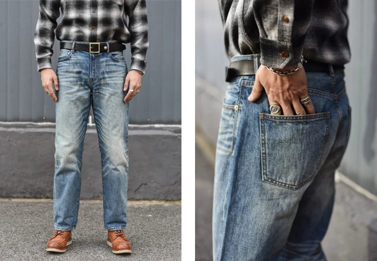 Saucezhan Mens Jeans Distressed  Moustache Effect Wash  Selvedge Denim Jeans  Motorcycle Regular Fit Straight Leg 14 Oz