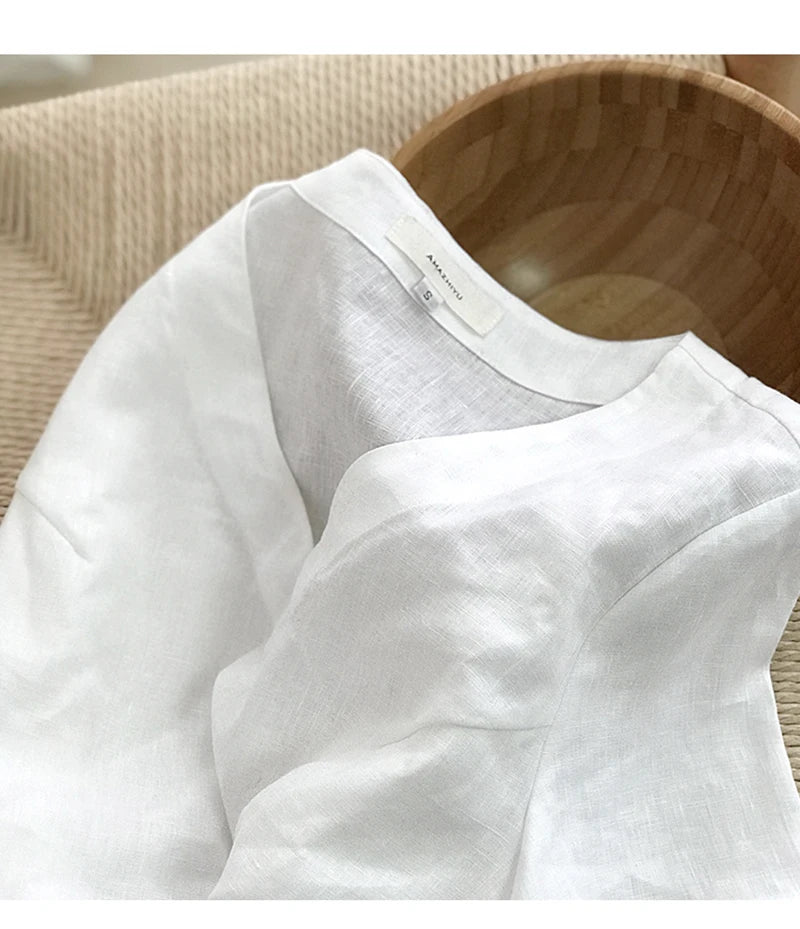 100% Linen V-Neck Short-Sleeved T-Shirt 2021 Summer New Womens Loose Casual Literary Tee Japanese Linen Tops