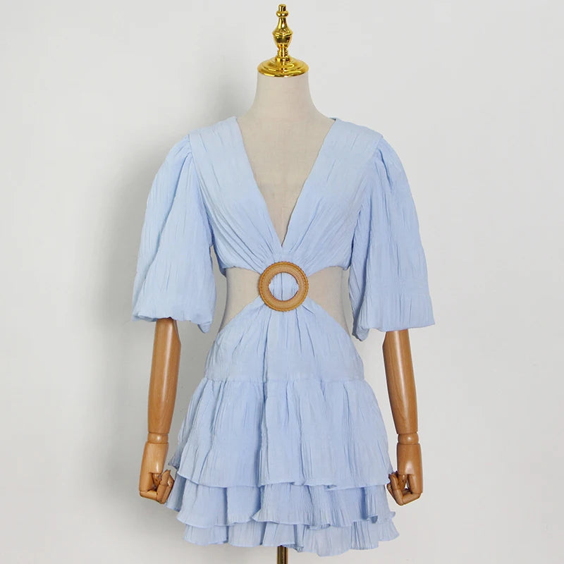 TWOTWINSTYLE White Sexy Dress For Women V Neck Lantern Half Sleeve Hollow Out High Waist Mini Dresses Female Summer New Clothing