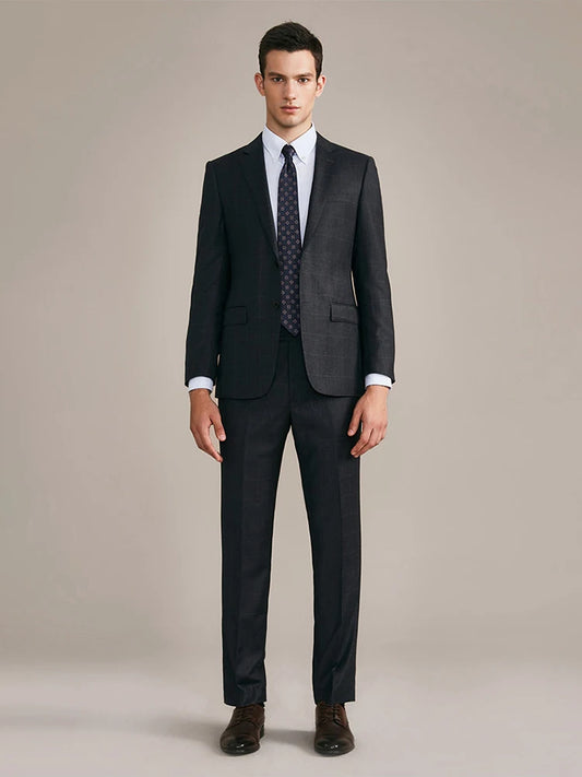 100% Wool Mens Suits Set Blazer + Pant High Quality Dark Deep Grey Christmas Party Wear Single Breasted Thin Formal Clothing 46A