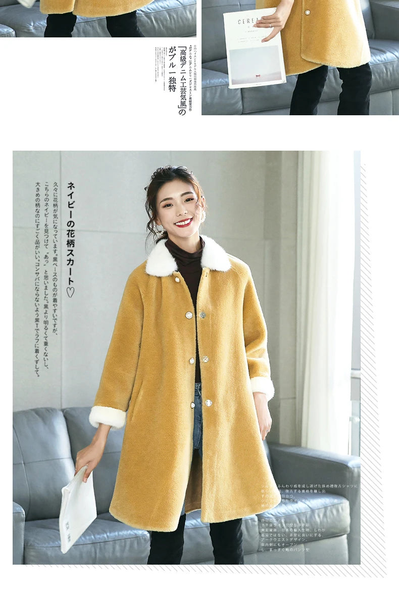 2020 Natural Sheep Shearing Fur Coat With Real Mink Fur Collar Winter Jacket Women Long Warm Overcoat casaco feminino LX2529