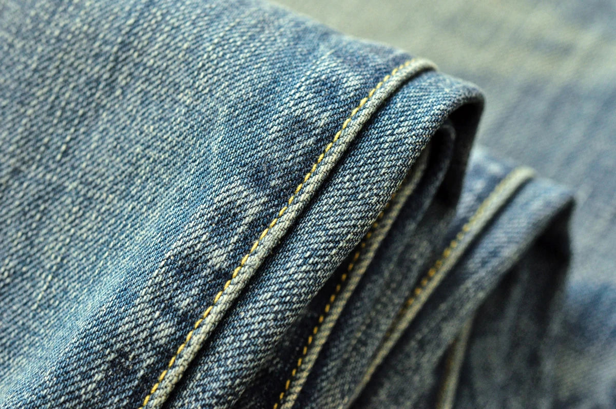 Saucezhan Mens Jeans Distressed  Moustache Effect Wash  Selvedge Denim Jeans  Motorcycle Regular Fit Straight Leg 14 Oz