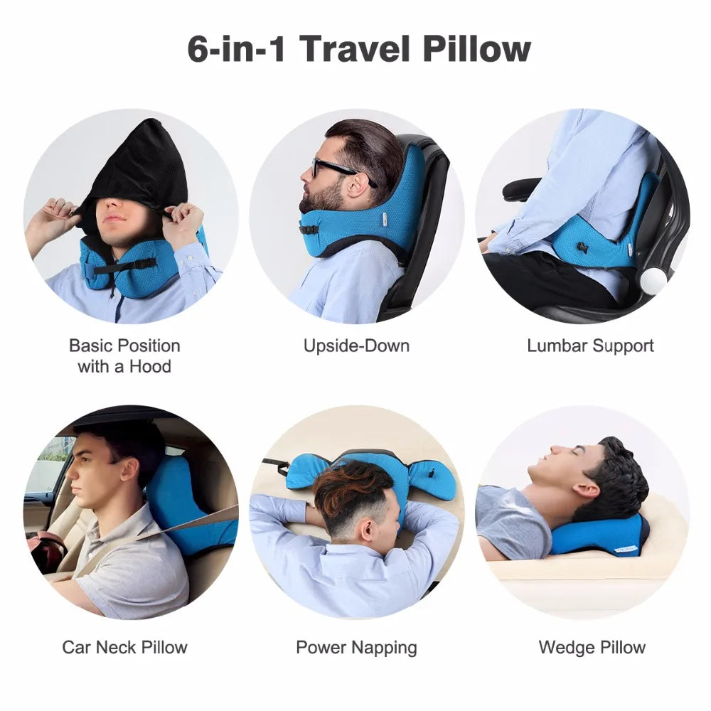 6-in-1 Neck Pillow Long Haul Astronaut Memory Foam Travel Detachable Hood Adjustable Ages Side Elastic Pocket Neck Cushion Plane