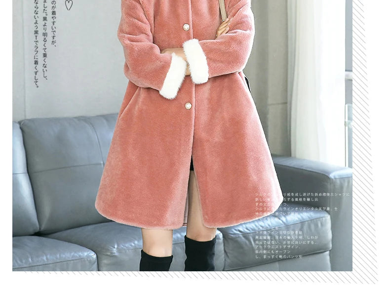 2020 Natural Sheep Shearing Fur Coat With Real Mink Fur Collar Winter Jacket Women Long Warm Overcoat casaco feminino LX2529