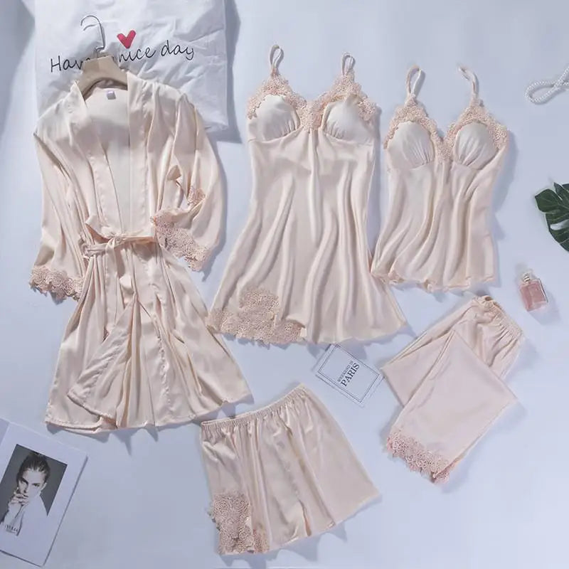 Lace Patchwork 5PCS Sleepwear Nightgown Kimono Bathrobe Gown Satin Lady Nighty&Robe Suit Sexy Home Clothes White Wedding Robe